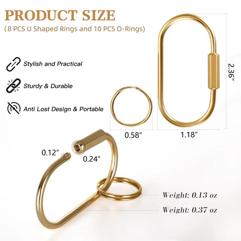 Slick Gold Brass Key Ring Organizer Set 8 Pack showcasing U-shaped and O-rings with size dimensions and weights highlighted.