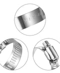 Close-up views of a Twenty Pack Beefy Stainless Steel Hose Clamp Set, Adjustable From Seven Eighths Inch To One And A Quarter Inch, 304 Grade Worm Gear Clamp For Plumbing, Automotive And Mechanical Projects, Rustproof And Heavy Duty showing details of the adjustable clamp mechanism.