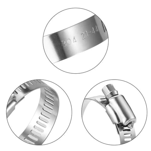 Close-up views of a Twenty Pack Beefy Stainless Steel Hose Clamp Set, Adjustable From Seven Eighths Inch To One And A Quarter Inch, 304 Grade Worm Gear Clamp For Plumbing, Automotive And Mechanical Projects, Rustproof And Heavy Duty showing details of the adjustable clamp mechanism.