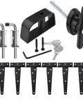 Durable Shed Door Hardware Kit With 6-Inch T-Hinges, T-Handle Lock, bolts, keys, and latches, ideal for sheds and gates.