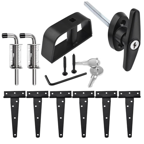 Durable Shed Door Hardware Kit With 6-Inch T-Hinges, T-Handle Lock, bolts, keys, and latches, ideal for sheds and gates.