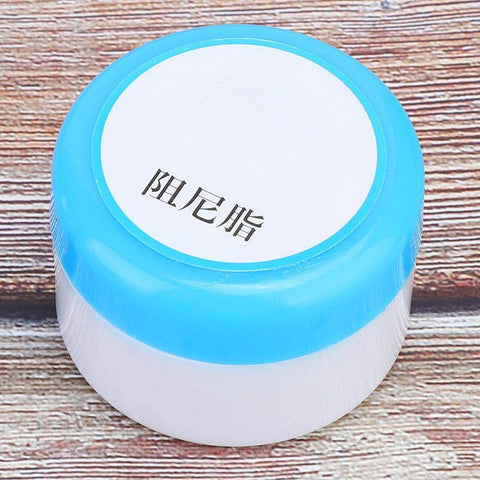 Container of White Damping Grease Paste, 1.9 Oz, Mechanical Lubricant For Rubber O Rings And Bearings, blue lid on wooden surface.