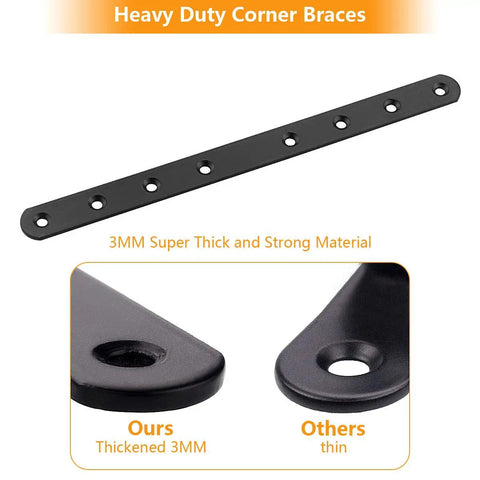 Heavy Duty Black Mending Plates 10 Inch Straight Steel Braces showing 3mm thick black corner brace with pre-drilled holes for easy installation.
