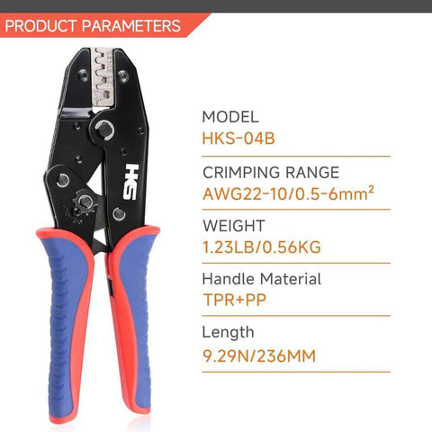 Ratcheting Crimping Tool For Non-Insulated Open Barrel Terminals And Receptacles, U Shaped Crimper tool with ergonomic handles and crimp range details.