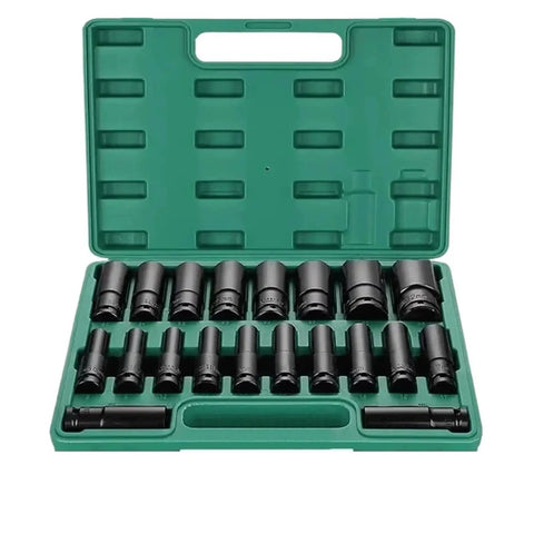 Straight Up Shop Beast Half Inch Drive Socket Set With Metric Deep Sockets And Impact Ready Hex Design Featuring A Portable Layered Tool Case With Detachable Storage Compartments For Weekend Wrenching Favorites with 20 deep sockets in a green case.
