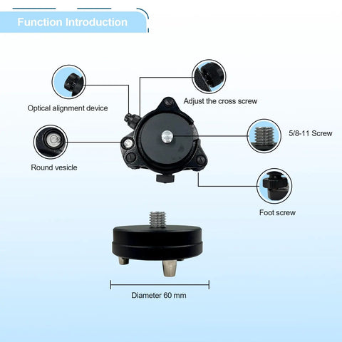 Tribrach With Optical Plummet And Fixed Adapter Leveling Base Five Eighths Inch Eleven Thread Mount details, 60mm diameter