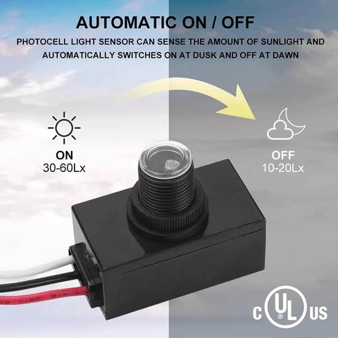 Outdoor Photocell Light Sensor For Dusk To Dawn Lighting No Fuss Auto On Off Hard Wired Post Light Controller, product close-up.