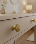 Dresser with Champagne Bronze Round Cabinet Knobs One Point Four Inch Diameter With Intricate Filigree Pattern For Kitchen Cabinets And Drawer Fronts 10 Pack Durable Hardware Upgrade For Modern Rustic Interiors