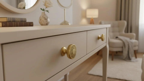 Dresser with Champagne Bronze Round Cabinet Knobs One Point Four Inch Diameter With Intricate Filigree Pattern For Kitchen Cabinets And Drawer Fronts 10 Pack Durable Hardware Upgrade For Modern Rustic Interiors