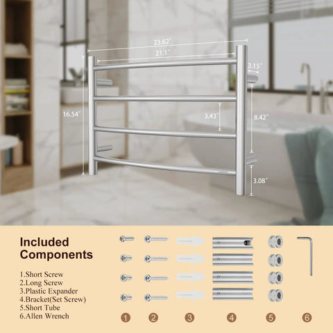 Brushed Nickel Wall Mounted Towel Warmer Rack Electric Stainless Steel Four Curved Bars For Bathroom Plug In 40W ETW29