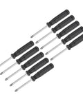 Badass Mini Phillips Screwdriver Set Four Millimeter Cross Heads With Slick Comfort Grips For Quick Tech And Watch Repairs Premium Steel Shaft Is A Total Game Changer For A Ten Piece Kit, displaying multiple black handled screwdrivers.