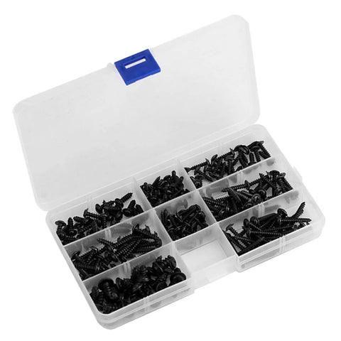 Pro Grade 200 Pcs Carbon Steel Self Tapping Screws Kit With Black Round Head Assortment in Handy Plastic Storage Case