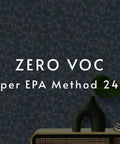 Dark textured wall with 'ZERO VOC per EPA Method 24' text, decorative vase on table, related to Pro977 Ultra Prime Wallpaper Primer