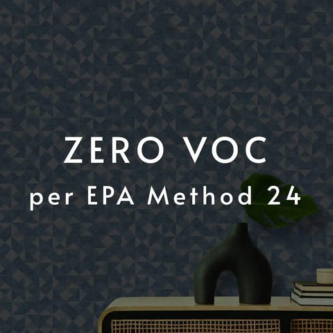 Dark textured wall with 'ZERO VOC per EPA Method 24' text, decorative vase on table, related to Pro977 Ultra Prime Wallpaper Primer