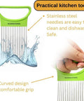 Front view of green handheld mandoline slicer with stainless steel blades for vegetables