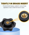Grippy Five Pack Star Knobs With 1/4 Inch Female Thread, 38mm 6 Point Plastic Head Brass Insert, Non Through Hole, Screwed In Black