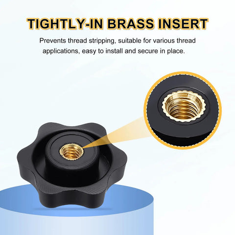 Grippy Five Pack Star Knobs With 1/4 Inch Female Thread, 38mm 6 Point Plastic Head Brass Insert, Non Through Hole, Screwed In Black