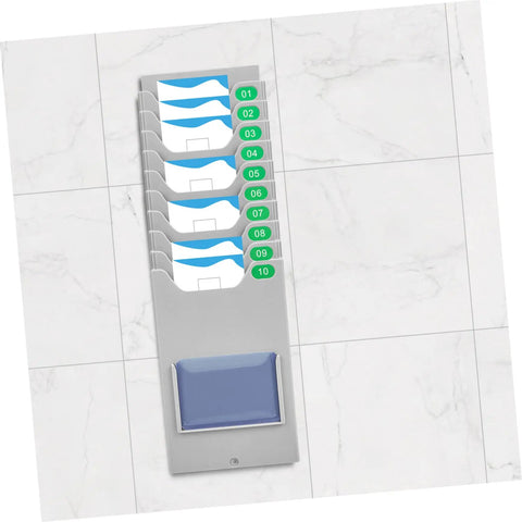 Heavy Duty Material Card Holder Rack For Office Document Organization, grey steel rack for sorting time cards and tags.