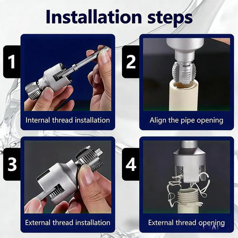 Installation steps for All In One Drill Driven Pipe Threader And Wrench For PVC And Water Pipes Universal Half Inch Three Quarters Inch And One Inch Pipe Opener With Internal And External Threading