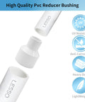LESSO 10PCS PVC Pipe Fittings, 1-1/2" to 3/4" PVC Reducing Coupling, SCH40, showing durability features and close-up view