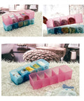 Solid Plastic Underwear Organizer Box With Five Grid Dividers For Closet Drawer Storage, pink and blue color, storing socks and towels.