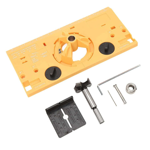 35mm hinge boring jig kit for woodworking on yellow ABS panel with drill guide, 1/16 in bit, hex key