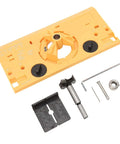 Yellow 35mm hinge boring jig with drill guide, includes 1/16 in bit, hex key, screws and washer