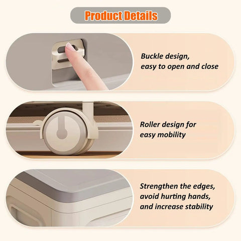 Heavy Duty Foldable Storage Bin With Lid Gray Extra Large 120L Capacity Wheels Smooth Glide showing buckle, roller, and edge design.