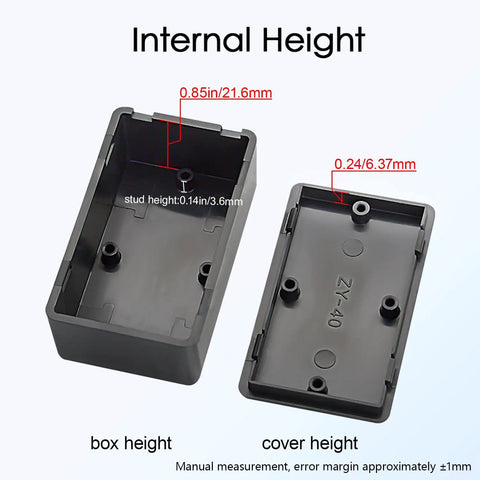 Internal dimensions of Built Tough Abs Plastic Project Box 8 Piece Set showing heights for box and cover.