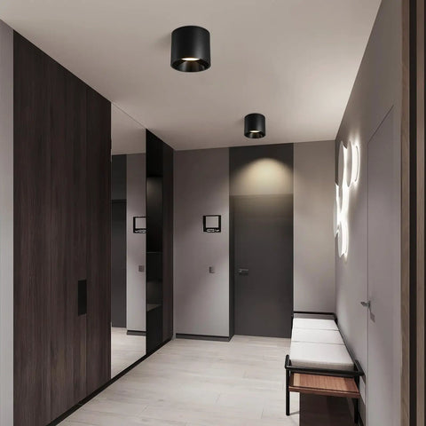 Dimmable Flush Mount LED Ceiling Light, 20W, 3 Color Temperatures 3000K/4000K/6000K, black, installed in modern hallway.