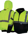 Hi Vis Lime Bomber Jacket with Quilted Lining Weatherproof Polyester Shell 5 Pockets Detachable Hood, front and back view