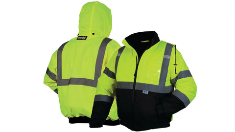 RJ32 Series Hi Vis Lime Bomber Jacket with Quilted Lining, Weatherproof Polyester Shell, Five Pockets, Detachable Hood, Reflective Tape