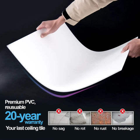 Drop Ceiling Tiles 2x2 Feet, 12-Pack White Premium PVC Panels That Withstand Water and Fire, Reusable No Sag, Easy DIY Cut with Knife or Saw, Covers 48 Sq Ft, Modern Smooth Finish