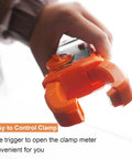 Close-up of Auto Ranging Clamp Meter For Electricians with open clamp, Measures AC Current Up To 600A and voltage to 600V.