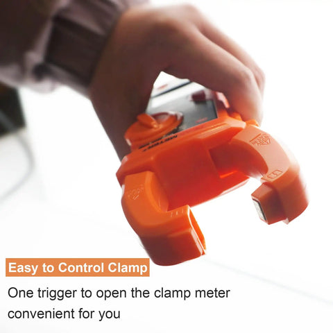 Close-up of Auto Ranging Clamp Meter For Electricians with open clamp, Measures AC Current Up To 600A and voltage to 600V.