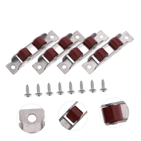 Heavy Duty Stainless Steel Double Roller Track Pulleys And Silent Glide Sash Wheels For Sliding Doors Barn Closets showing pulleys with screws.