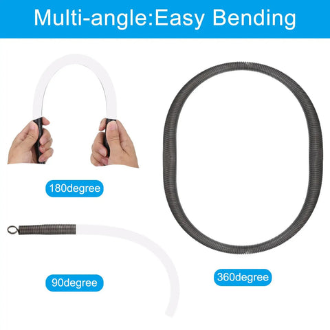 Meccanixity Steel Spring Pipe Bender For 1 Inch PVC Tube shown bending at 90, 180, and 360 degrees for flexibility in projects.