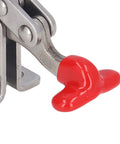 Close-up of a Fast Release Vertical Toggle Clamp For Woodworking, Quick Release Hold Down Clamp, Beefy 304 Stainless Steel Build with red handle