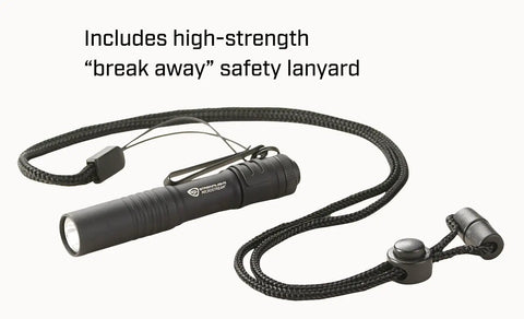 MicroStream 45 Lumen Everyday Carry Pocket Flashlight with AAA Battery included, shown with break-away safety lanyard