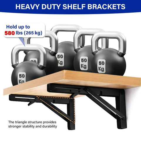 Heavy duty 2 Pack 10 Inch Black Folding Shelf Brackets holding kettlebells, showcasing wall mount installation and steel support.
