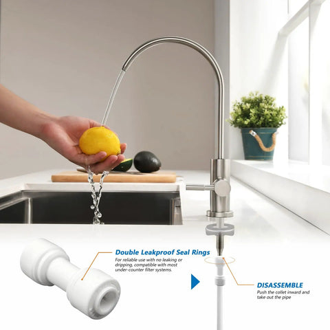 Slick Brushed Nickel Reverse Osmosis Drinking Faucet For Kitchen Or Bar Sink with lemon and flowing water