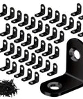 50 Pack Straight Up Tough Stainless Steel L Brackets Right Angle Heavy Duty Mounting Hardware With Screws For Wood Furniture Shelves And Wall Support Go To Reinforcement, featuring multiple black L brackets and screws.