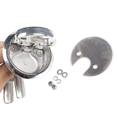 Front view of two stainless steel flush hatch lift locking assemblies with mounting hardware