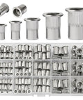 Pro Grade Aluminum Flat Rivet Nuts Kit With Knurled Deep Threads for Ultra Secure Fastening, assorted sizes in a box
