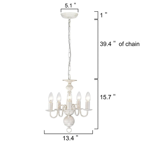 White Rustic Farmhouse Chandelier With Metal Frame, 5 Light French Country Ceiling Fixture For Entryway, Foyer, Dining Room And Living Room, Modern Industrial Vibe With Hand Painted Gold Accents