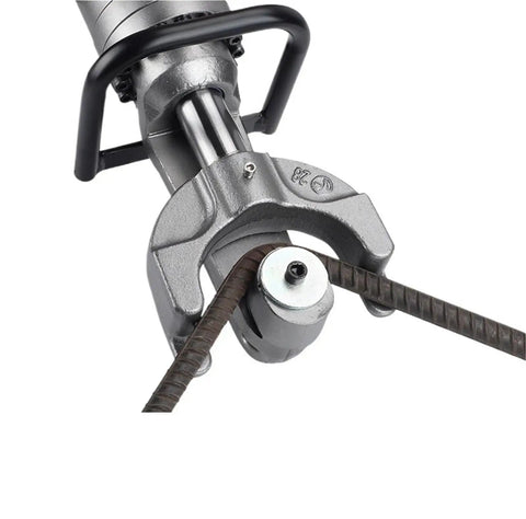 Close-up of a Heavy Duty Portable Electric Rebar Cutter gripping rebar, showcasing its precision and robust design for steel bending.