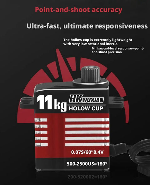 Premium 11Kg Digital Servo Motor Featuring A Blazing Fast Hollow Cup Coreless System And Knockout Full Metal Gears For RC Cars Planes Helicopters And Robots Built Tough Smooth Running Red Finish, showing front view and specifications.