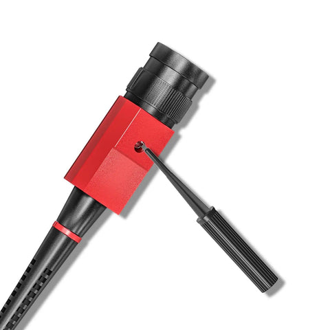 Close-up of red high voltage oscilloscope probe P4100 pro grade kit with tool for adjustments, 100 MHz, 2000 V, 100:1 attenuation.