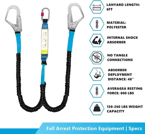 6ft Internal Shock Absorbing Lanyard With Double Snap Hook Connectors For Fall Protection Equipment, Reducing Fall Risk