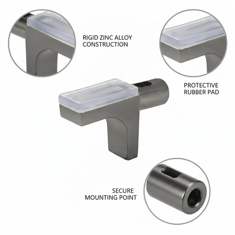 Multipurpose Zinc Alloy Shelf Supports for Glass and Wood Shelves with protective rubber pad and secure mounting point.